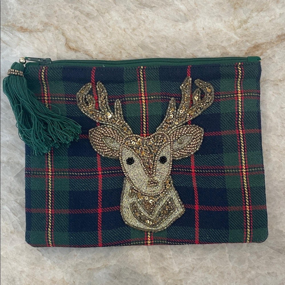Plaid Clutch with Beaded Deer Design